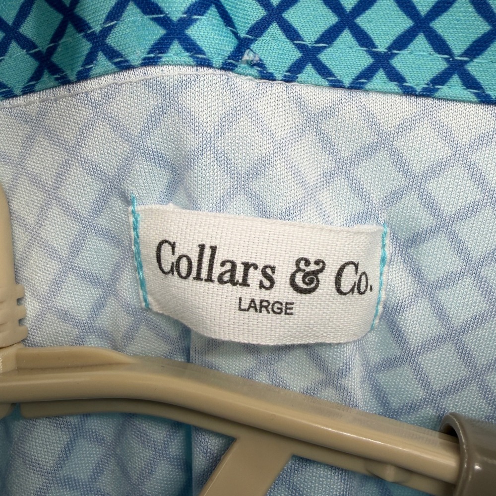 $88 NEW Collars & Co Mens L Dress Collar Polo Performance Blue Geometric Stretch - Picture 3 of 8